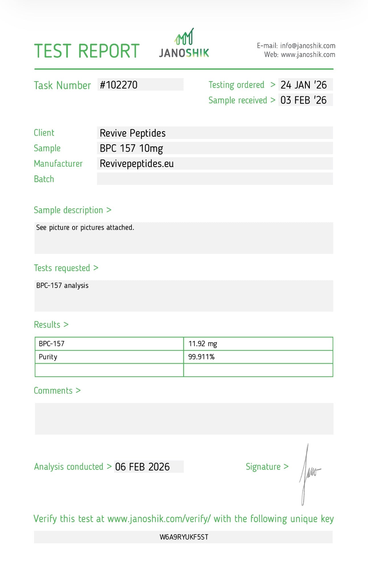 Revive Peptides BPC-157 10mg lab test report showing purity results