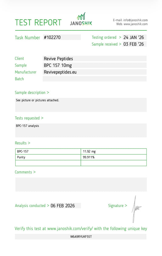 Revive Peptides BPC-157 10mg lab test report showing purity results